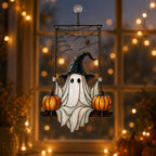 Witch Hat Ghost on Pumpkin Swing Holographic Acrylic Suncatcher