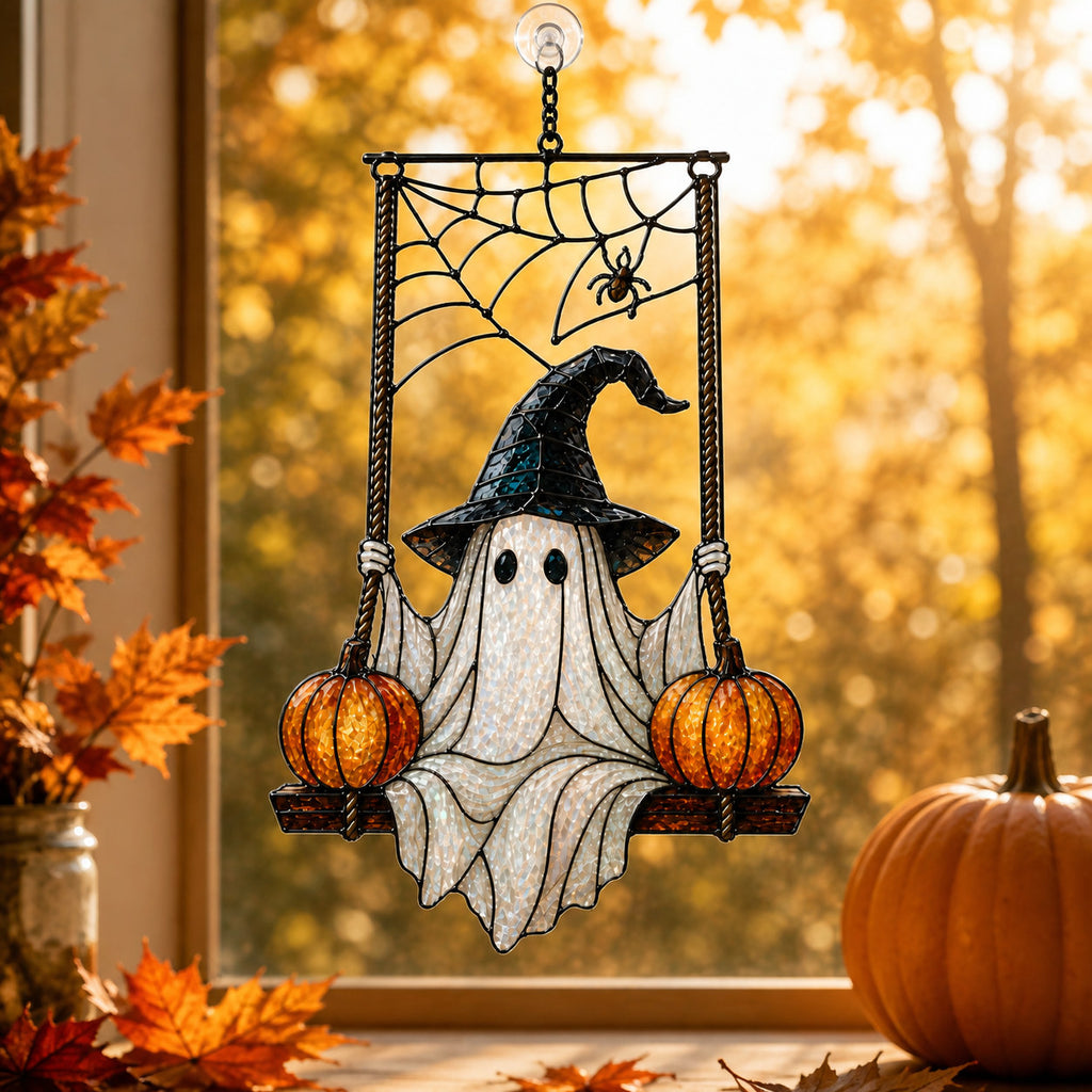 Witch Hat Ghost on Pumpkin Swing Holographic Acrylic Suncatcher