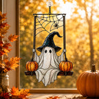 Witch Hat Ghost on Pumpkin Swing Holographic Acrylic Suncatcher