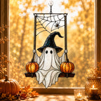 Witch Hat Ghost on Pumpkin Swing Holographic Acrylic Suncatcher