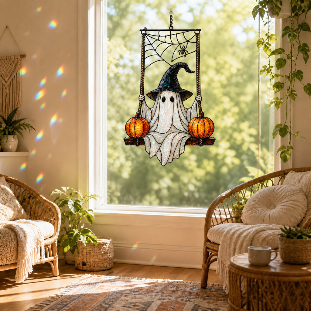 Witch Hat Ghost on Pumpkin Swing Holographic Acrylic Suncatcher