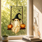 Witch Hat Ghost on Pumpkin Swing Holographic Acrylic Suncatcher