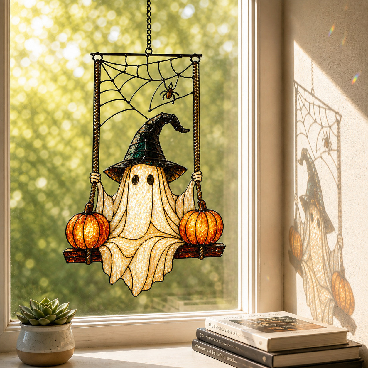 Witch Hat Ghost on Pumpkin Swing Holographic Acrylic Suncatcher