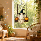 Witch Hat Ghost on Pumpkin Swing Holographic Acrylic Suncatcher