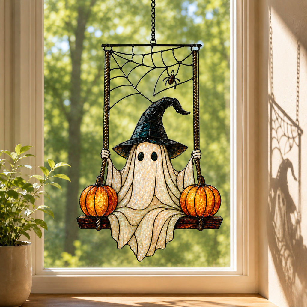 Witch Hat Ghost on Pumpkin Swing Holographic Acrylic Suncatcher
