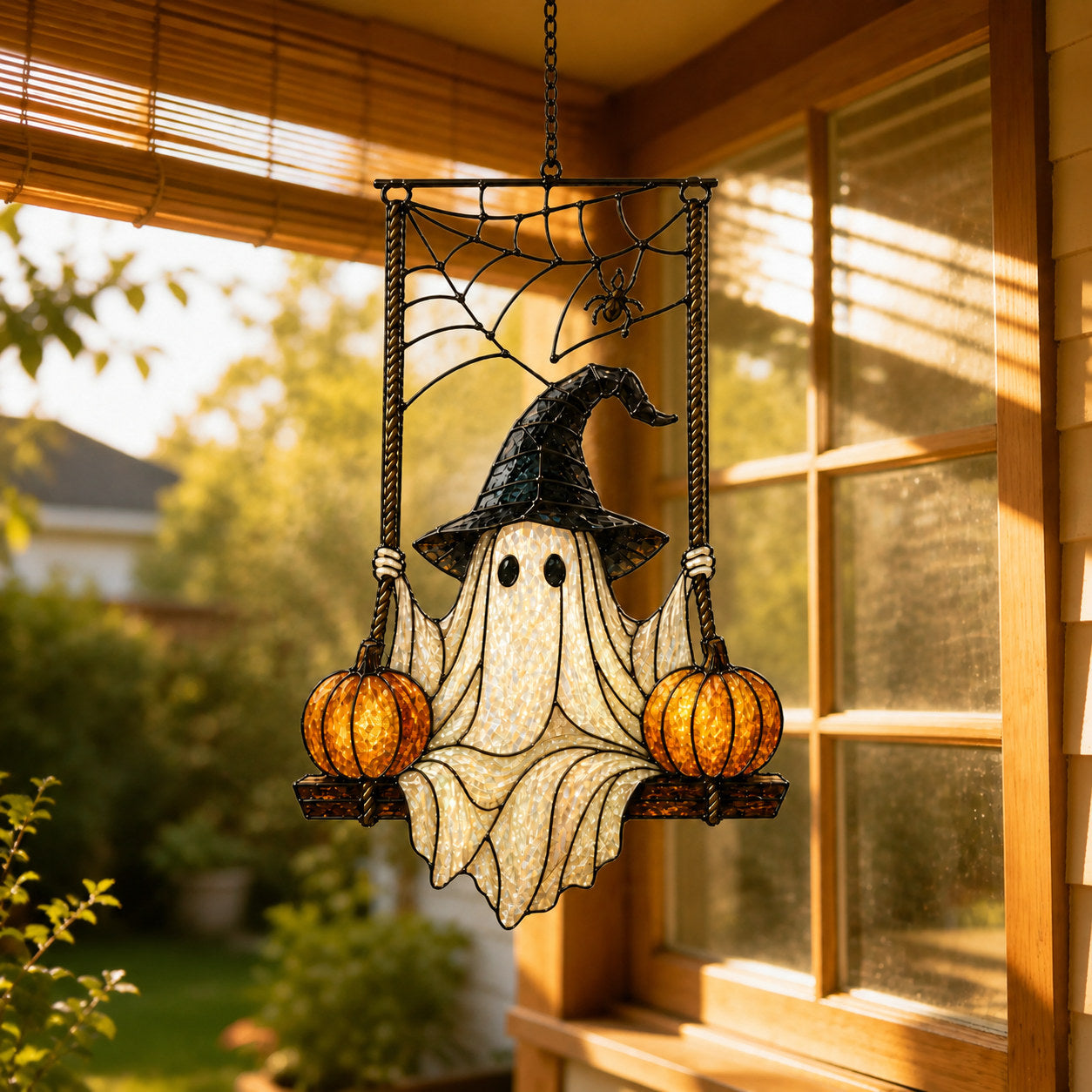 Witch Hat Ghost on Pumpkin Swing Holographic Acrylic Suncatcher