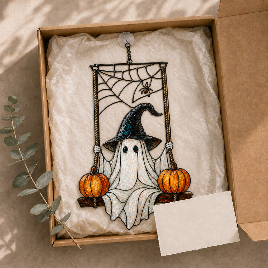 Witch Hat Ghost on Pumpkin Swing Holographic Acrylic Suncatcher