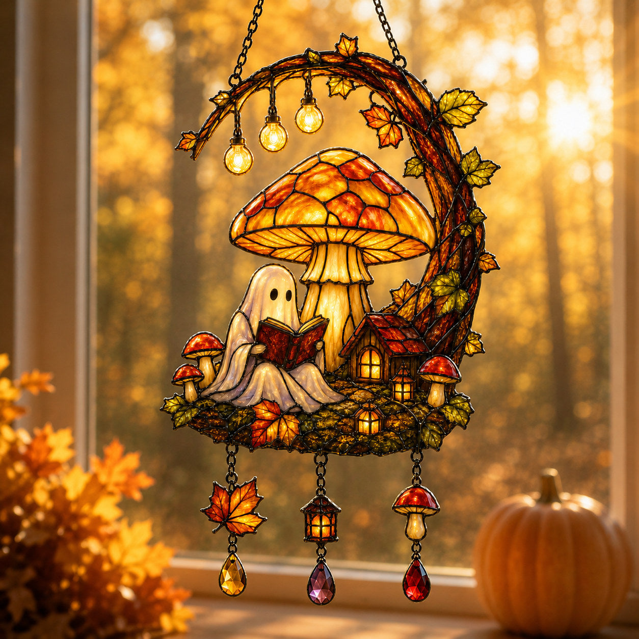 Ghost Reading Under Mushroom Moon Holographic Acrylic Suncatcher