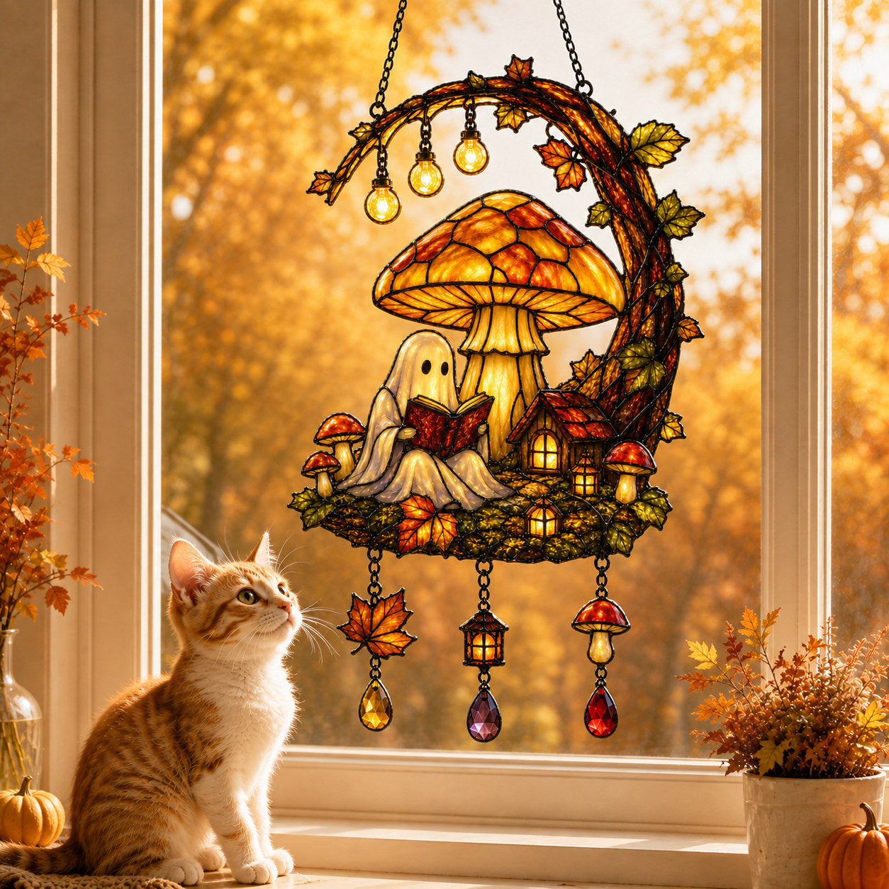 Ghost Reading Under Mushroom Moon Holographic Acrylic Suncatcher