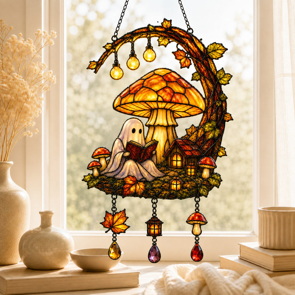 Ghost Reading Under Mushroom Moon Holographic Acrylic Suncatcher