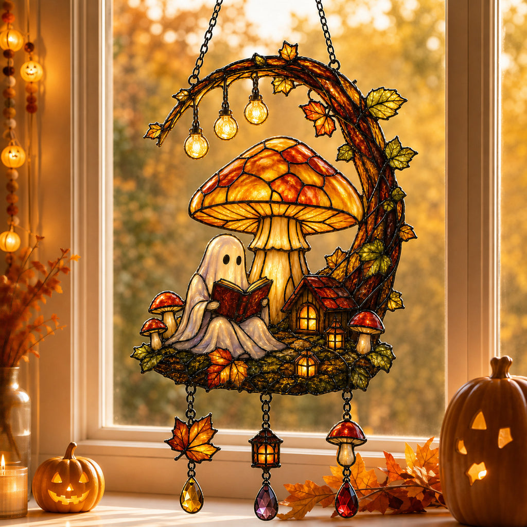 Ghost Reading Under Mushroom Moon Holographic Acrylic Suncatcher