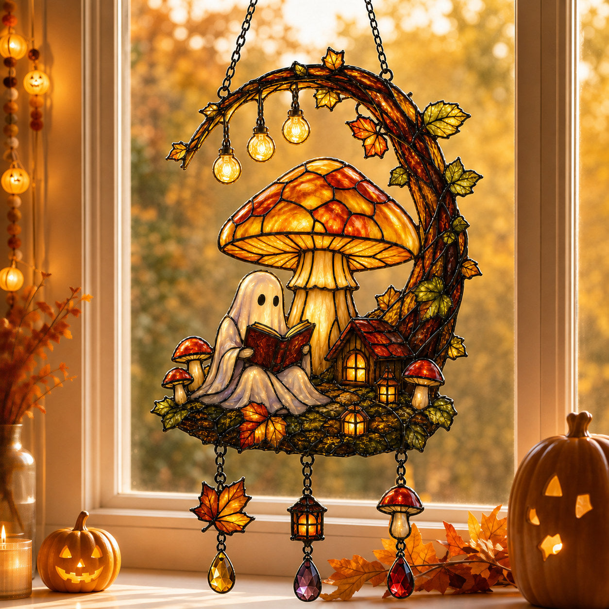 Ghost Reading Under Mushroom Moon Holographic Acrylic Suncatcher