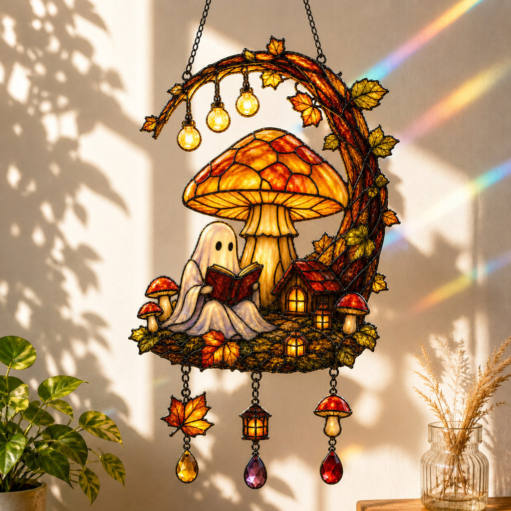 Ghost Reading Under Mushroom Moon Holographic Acrylic Suncatcher