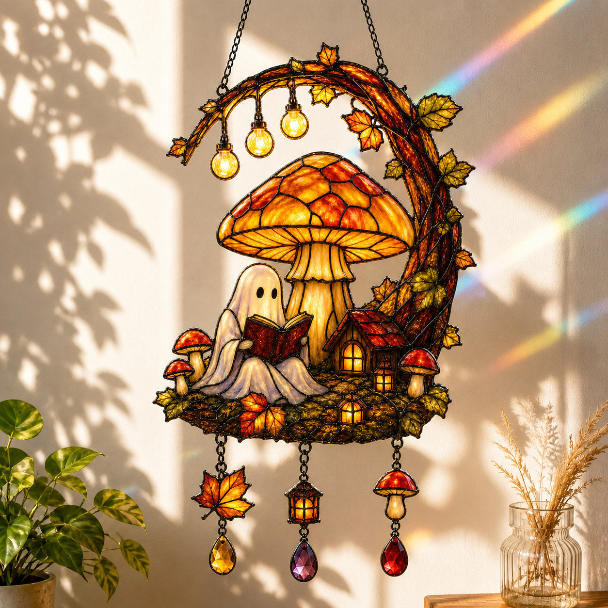 Ghost Reading Under Mushroom Moon Holographic Acrylic Suncatcher