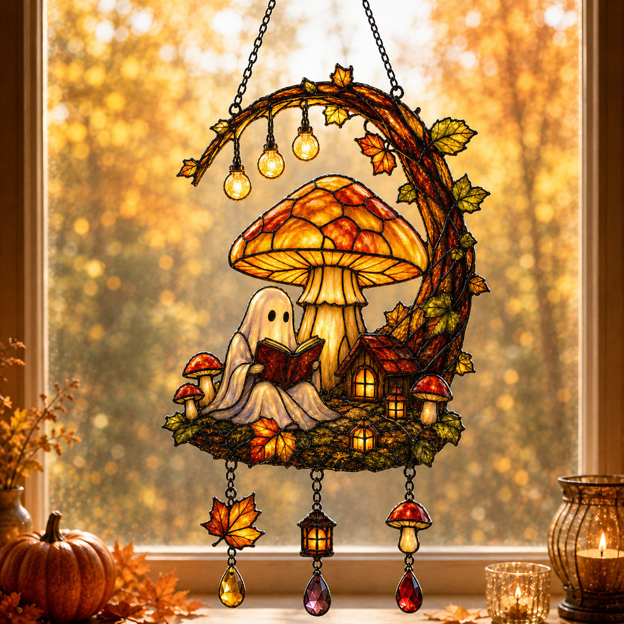 Ghost Reading Under Mushroom Moon Holographic Acrylic Suncatcher
