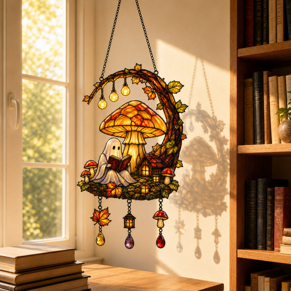 Ghost Reading Under Mushroom Moon Holographic Acrylic Suncatcher