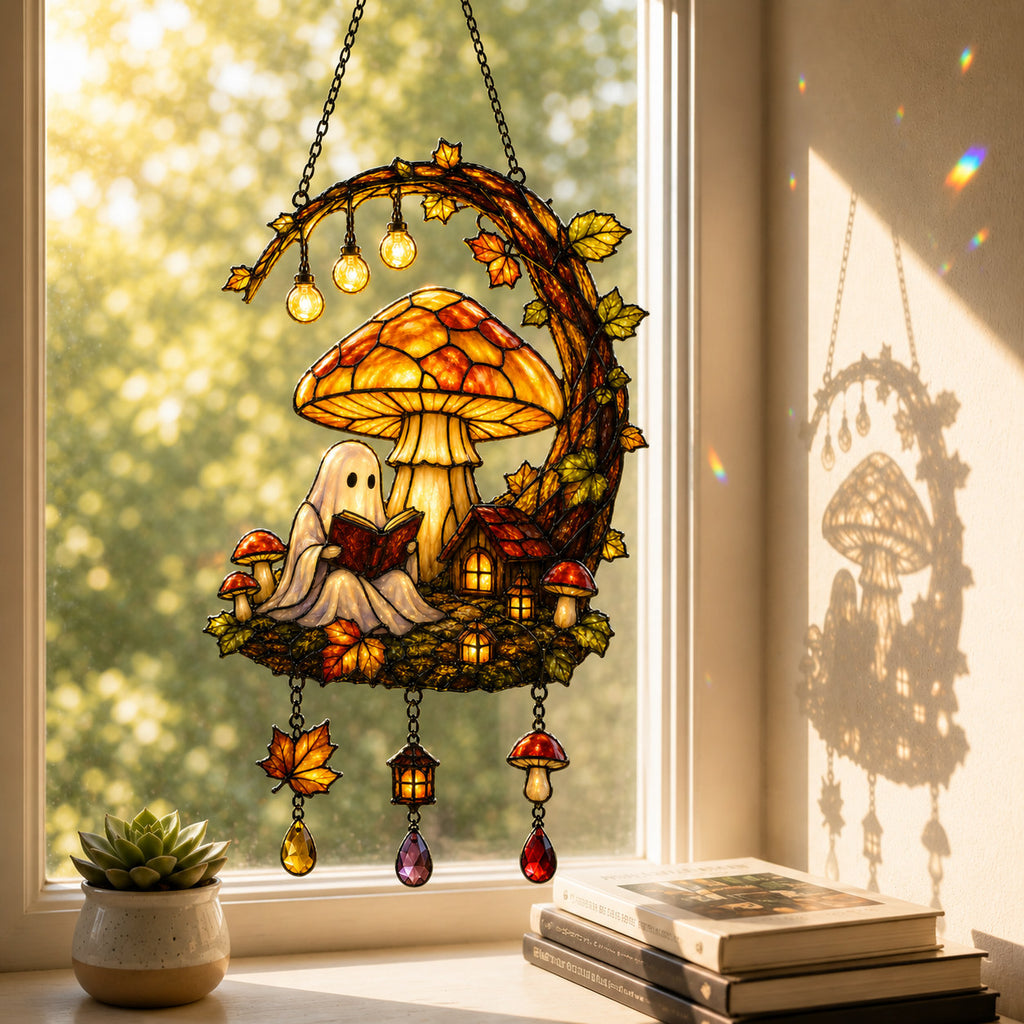 Ghost Reading Under Mushroom Moon Holographic Acrylic Suncatcher