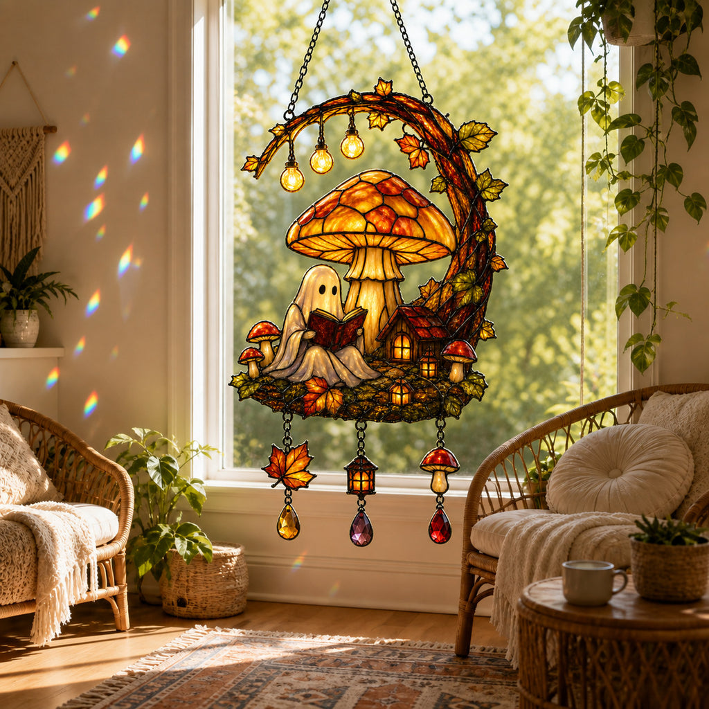 Ghost Reading Under Mushroom Moon Holographic Acrylic Suncatcher