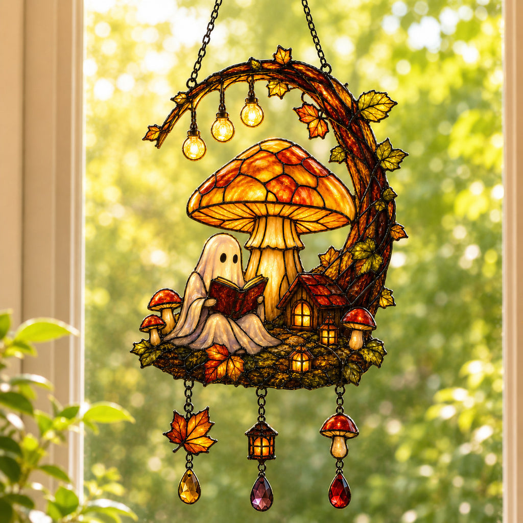 Ghost Reading Under Mushroom Moon Holographic Acrylic Suncatcher