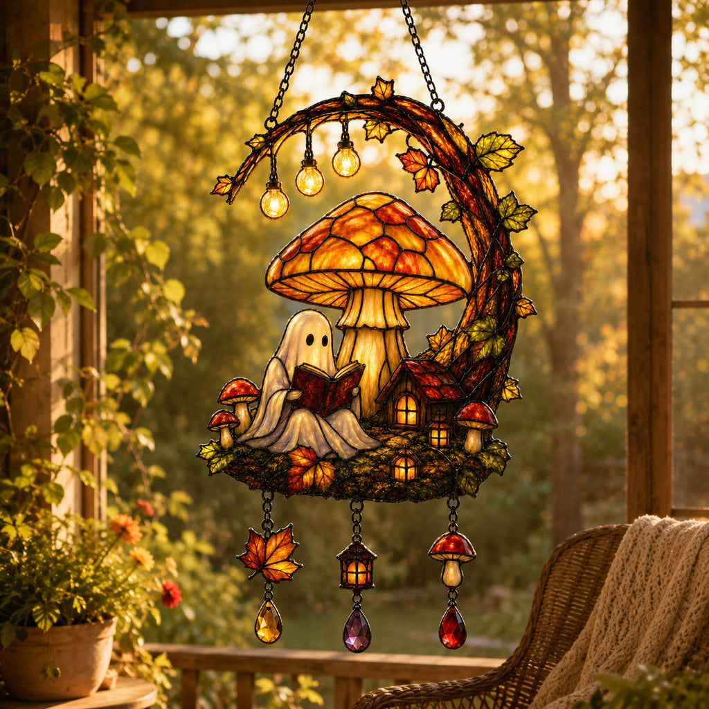 Ghost Reading Under Mushroom Moon Holographic Acrylic Suncatcher