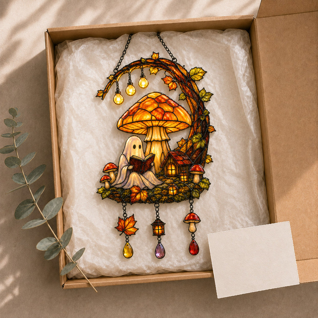 Ghost Reading Under Mushroom Moon Holographic Acrylic Suncatcher
