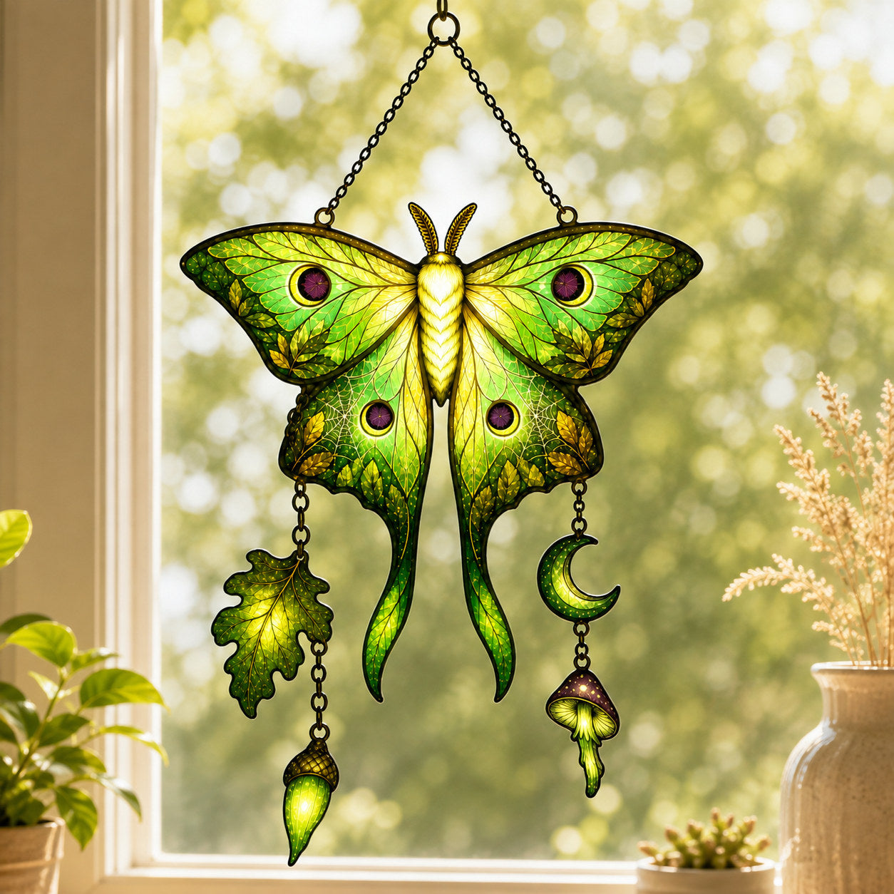 Luna Moth Moon & Mushroom Holographic Acrylic Suncatcher