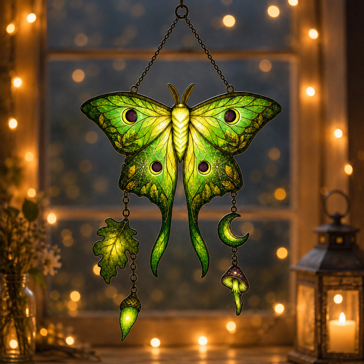 Luna Moth Moon & Mushroom Holographic Acrylic Suncatcher