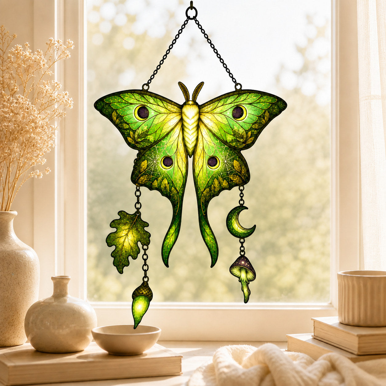 Luna Moth Moon & Mushroom Holographic Acrylic Suncatcher