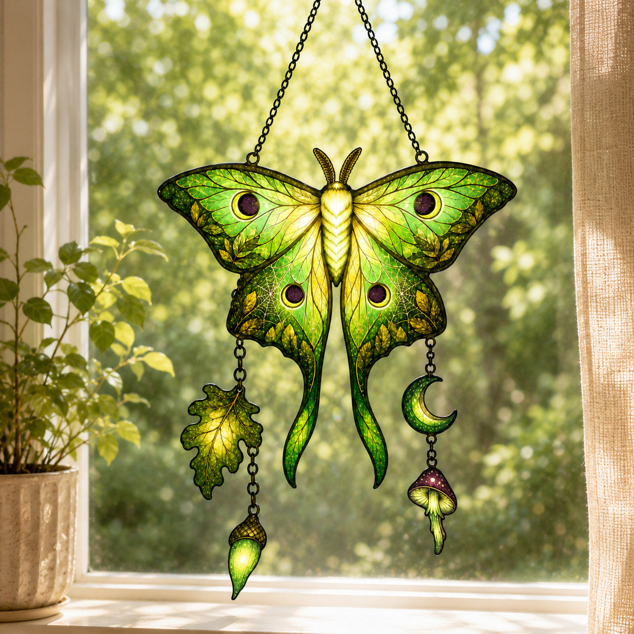 Luna Moth Moon & Mushroom Holographic Acrylic Suncatcher