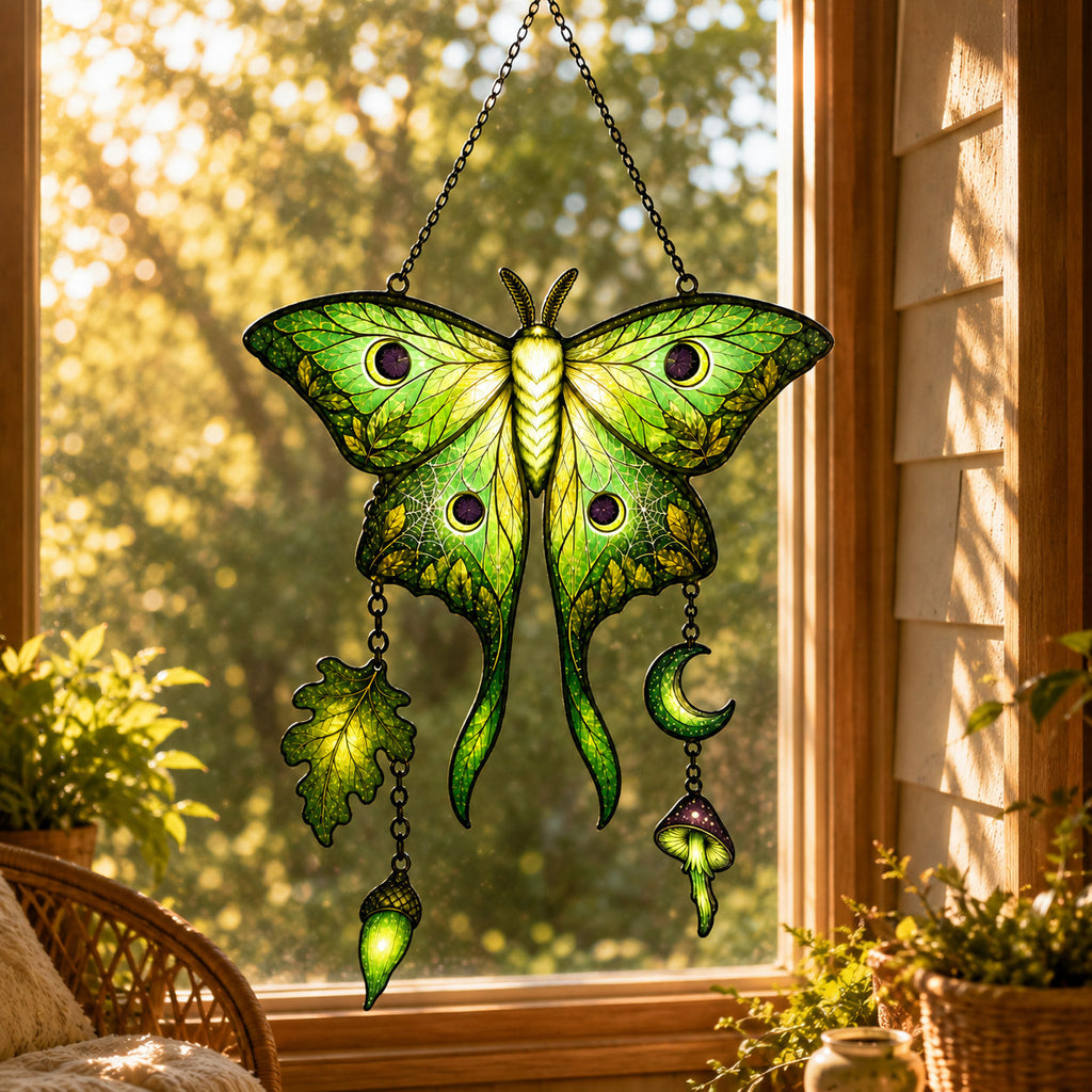 Luna Moth Moon & Mushroom Holographic Acrylic Suncatcher