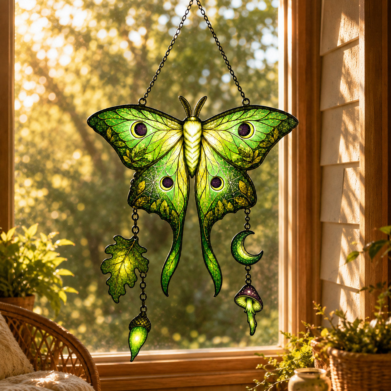 Luna Moth Moon & Mushroom Holographic Acrylic Suncatcher