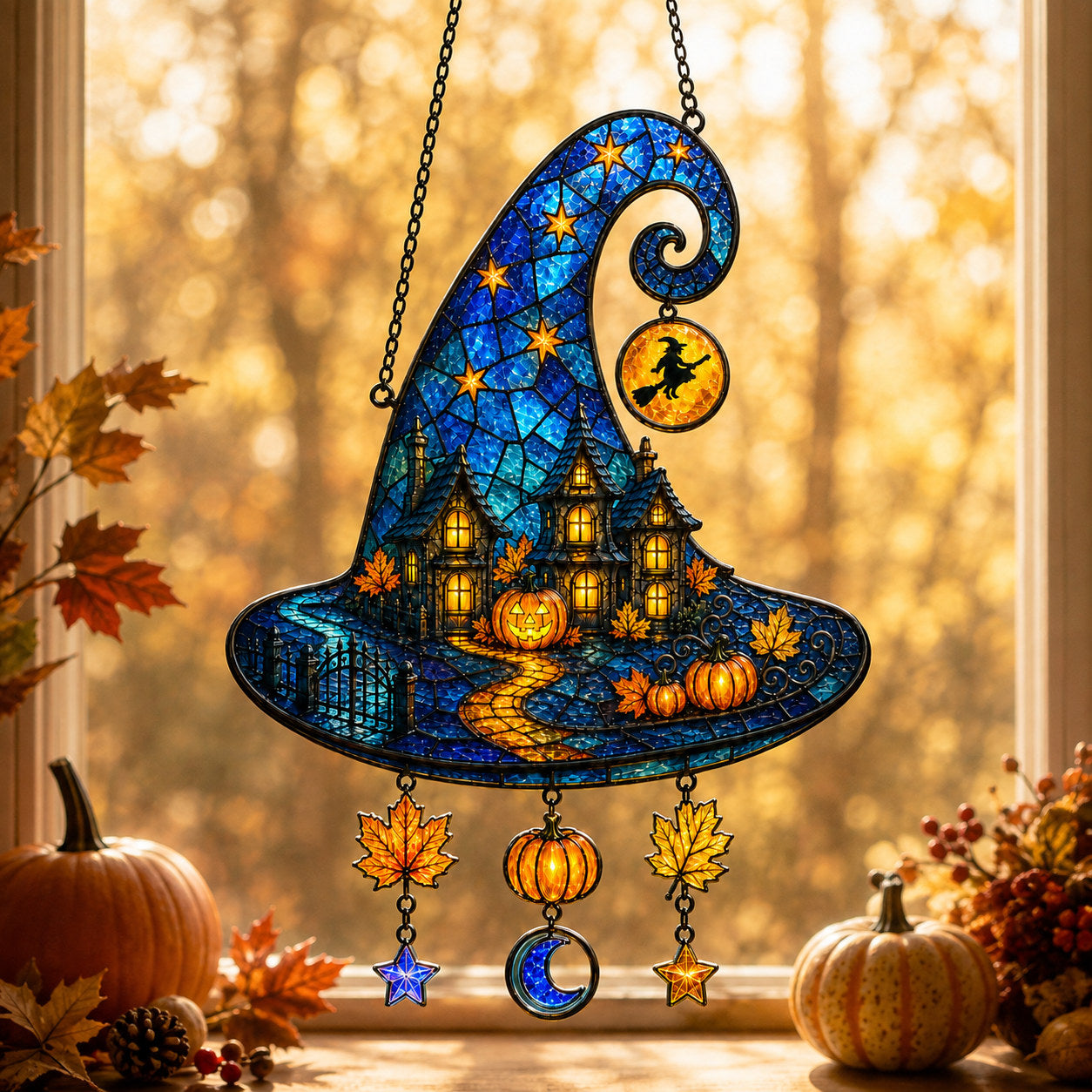 Haunted House Witch Hat Holographic Acrylic Suncatcher