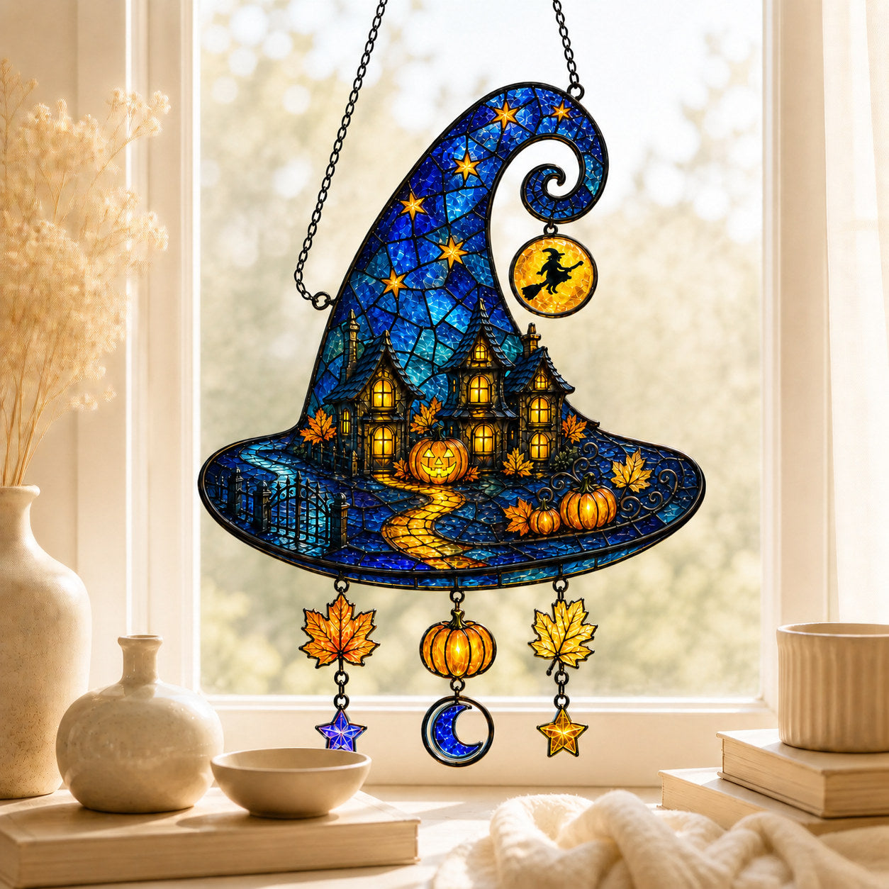 Haunted House Witch Hat Holographic Acrylic Suncatcher