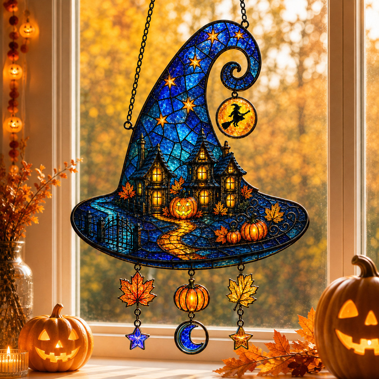 Haunted House Witch Hat Holographic Acrylic Suncatcher