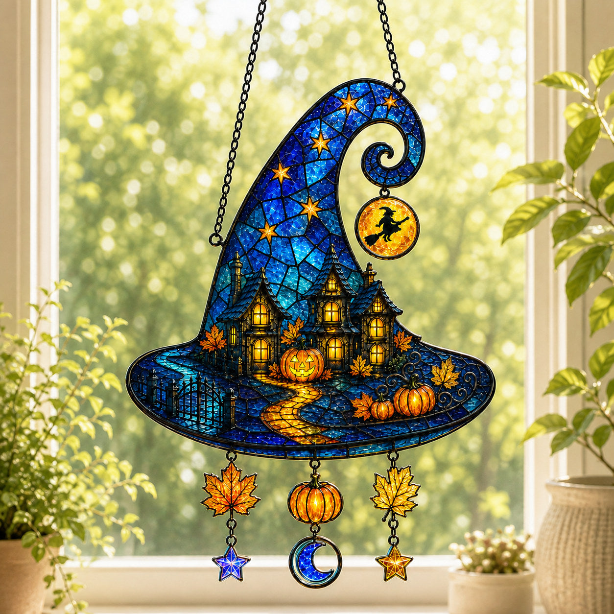 Haunted House Witch Hat Holographic Acrylic Suncatcher