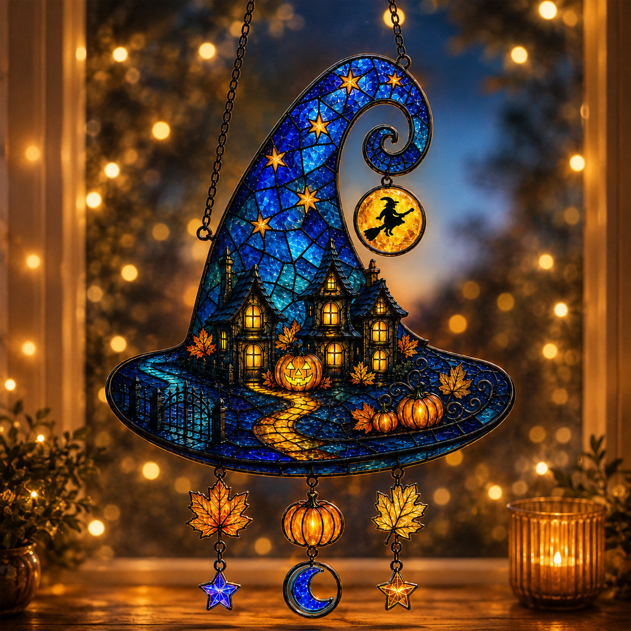 Haunted House Witch Hat Holographic Acrylic Suncatcher