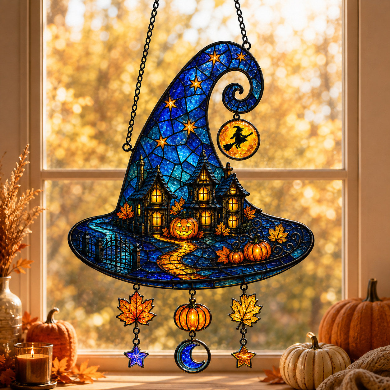 Haunted House Witch Hat Holographic Acrylic Suncatcher
