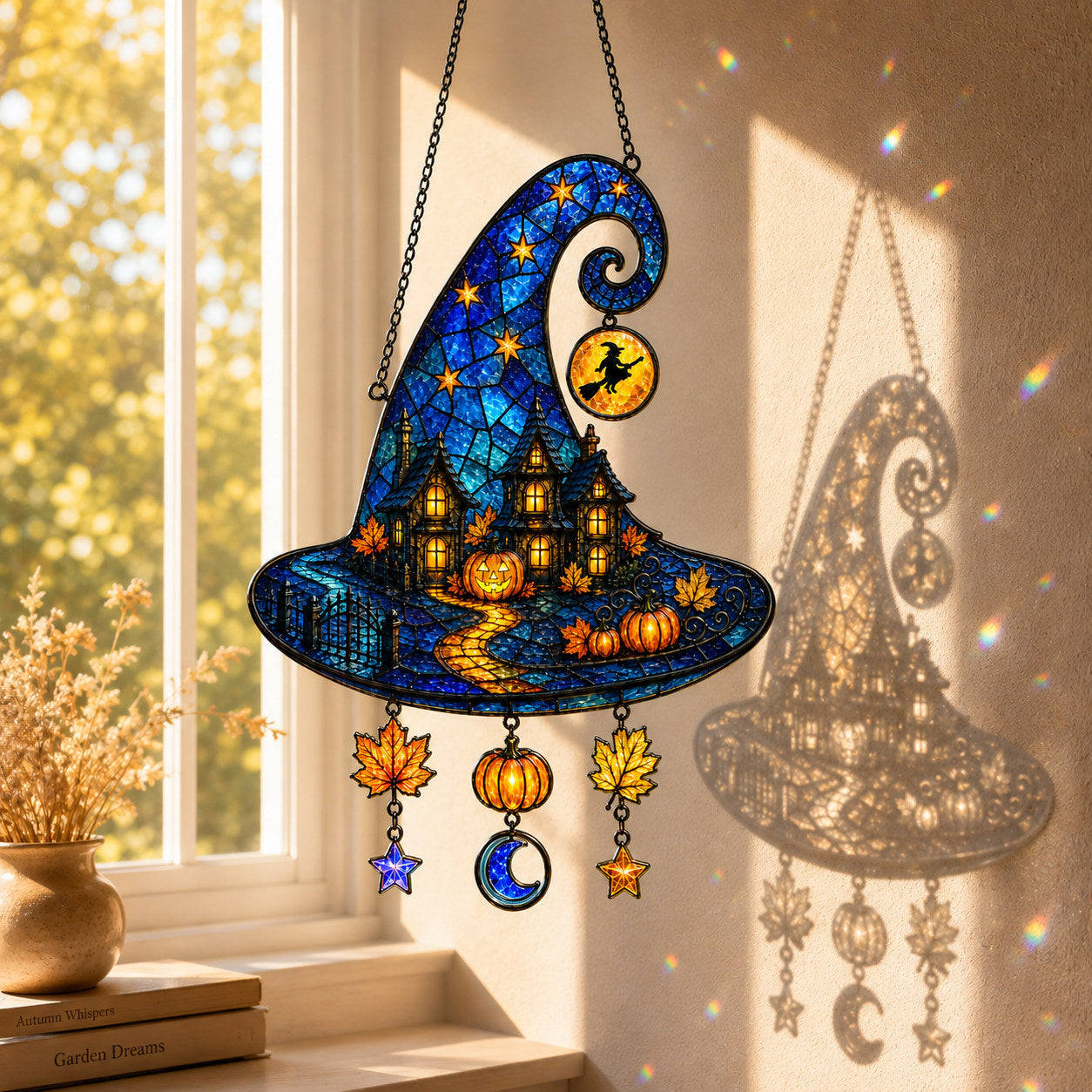 Haunted House Witch Hat Holographic Acrylic Suncatcher
