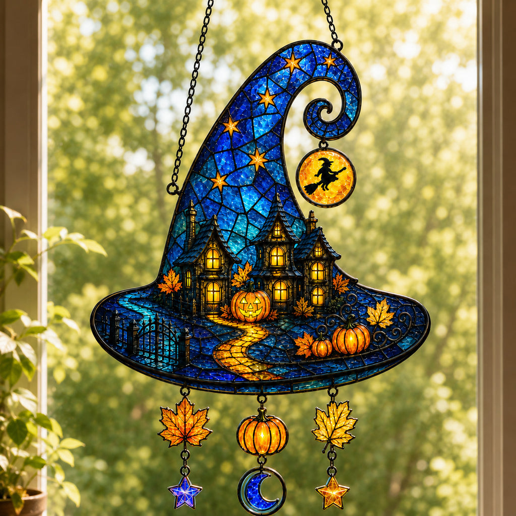 Haunted House Witch Hat Holographic Acrylic Suncatcher