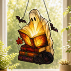 Ghost with Storybooks & Black Cat Holographic Acrylic Suncatcher