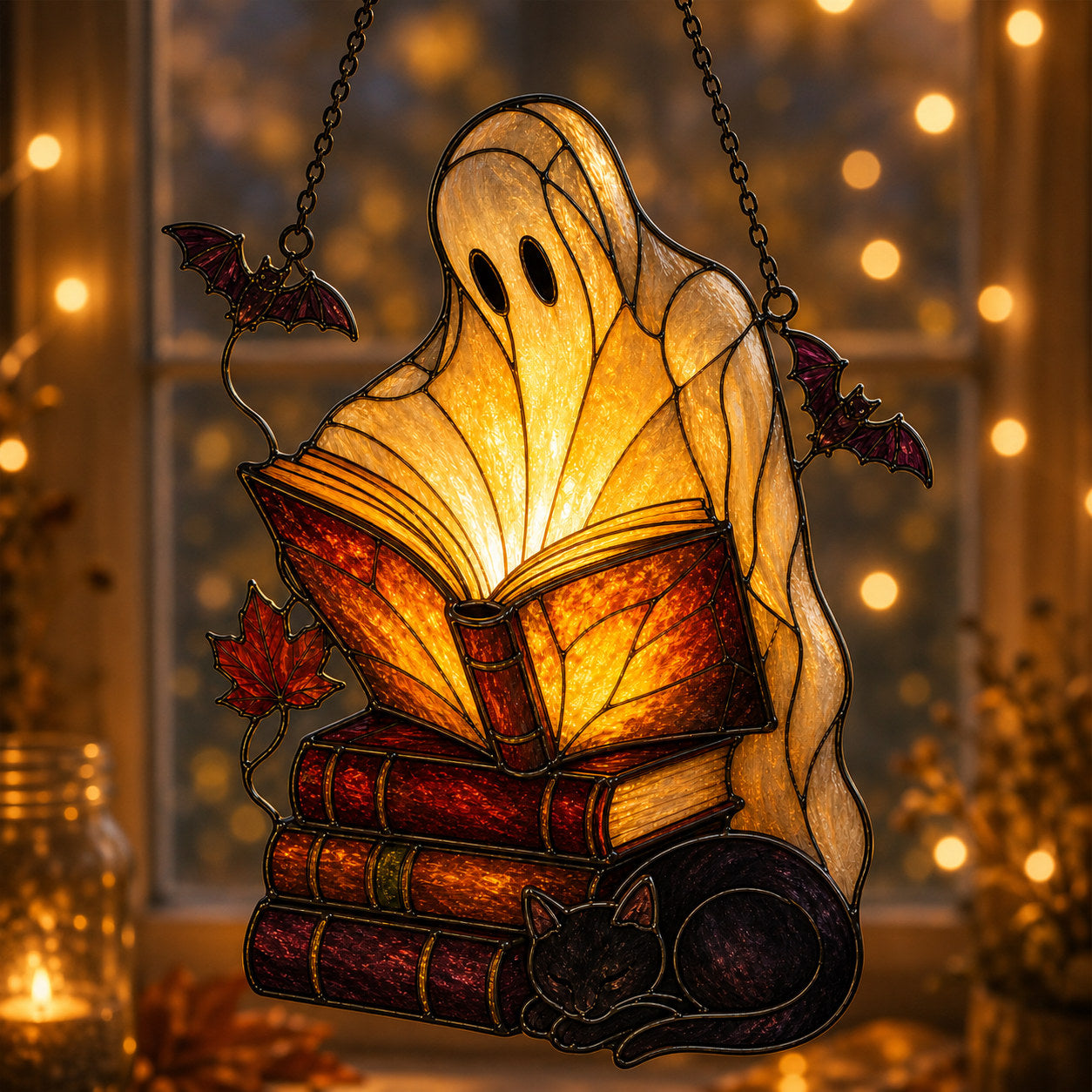 Ghost with Storybooks & Black Cat Holographic Acrylic Suncatcher