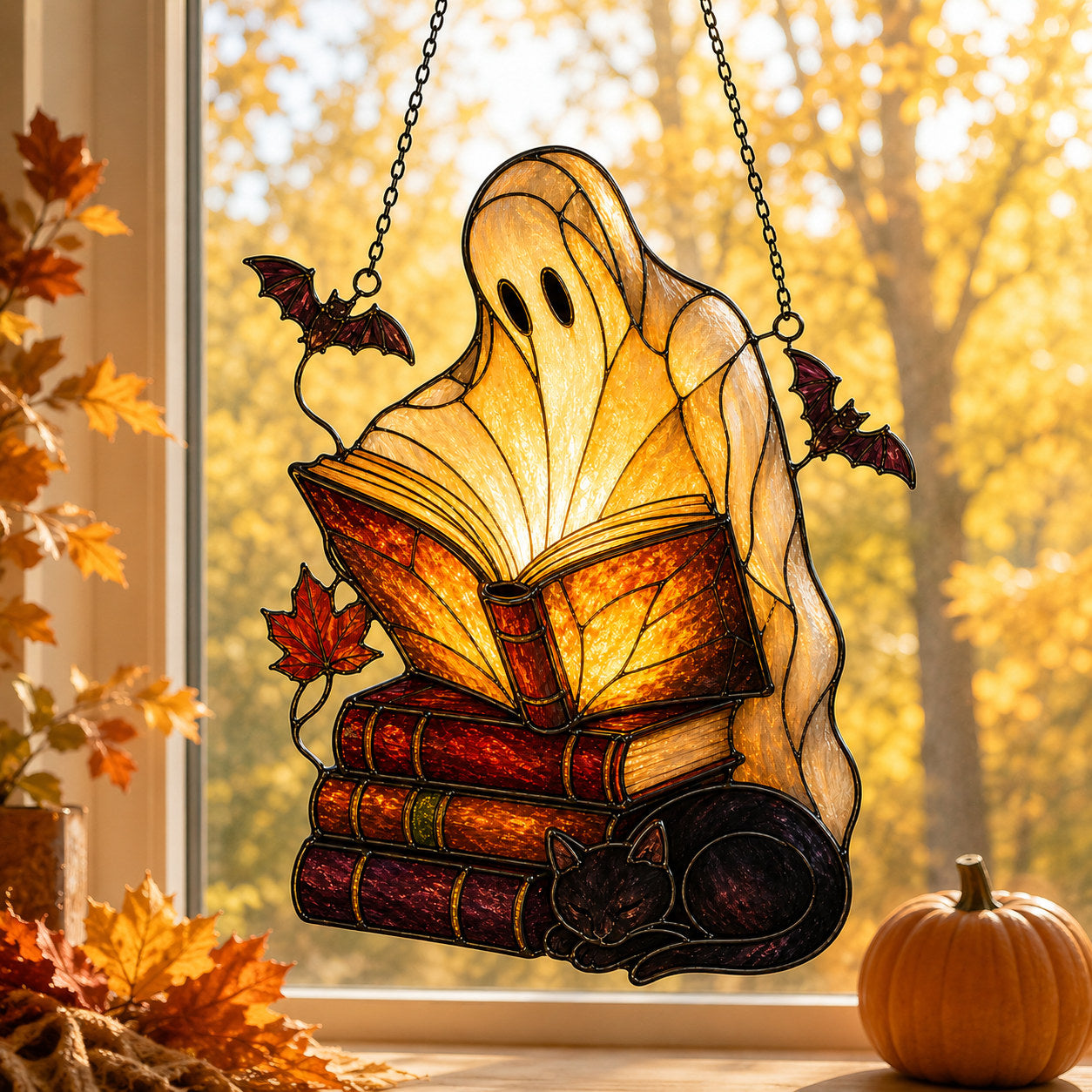 Ghost with Storybooks & Black Cat Holographic Acrylic Suncatcher