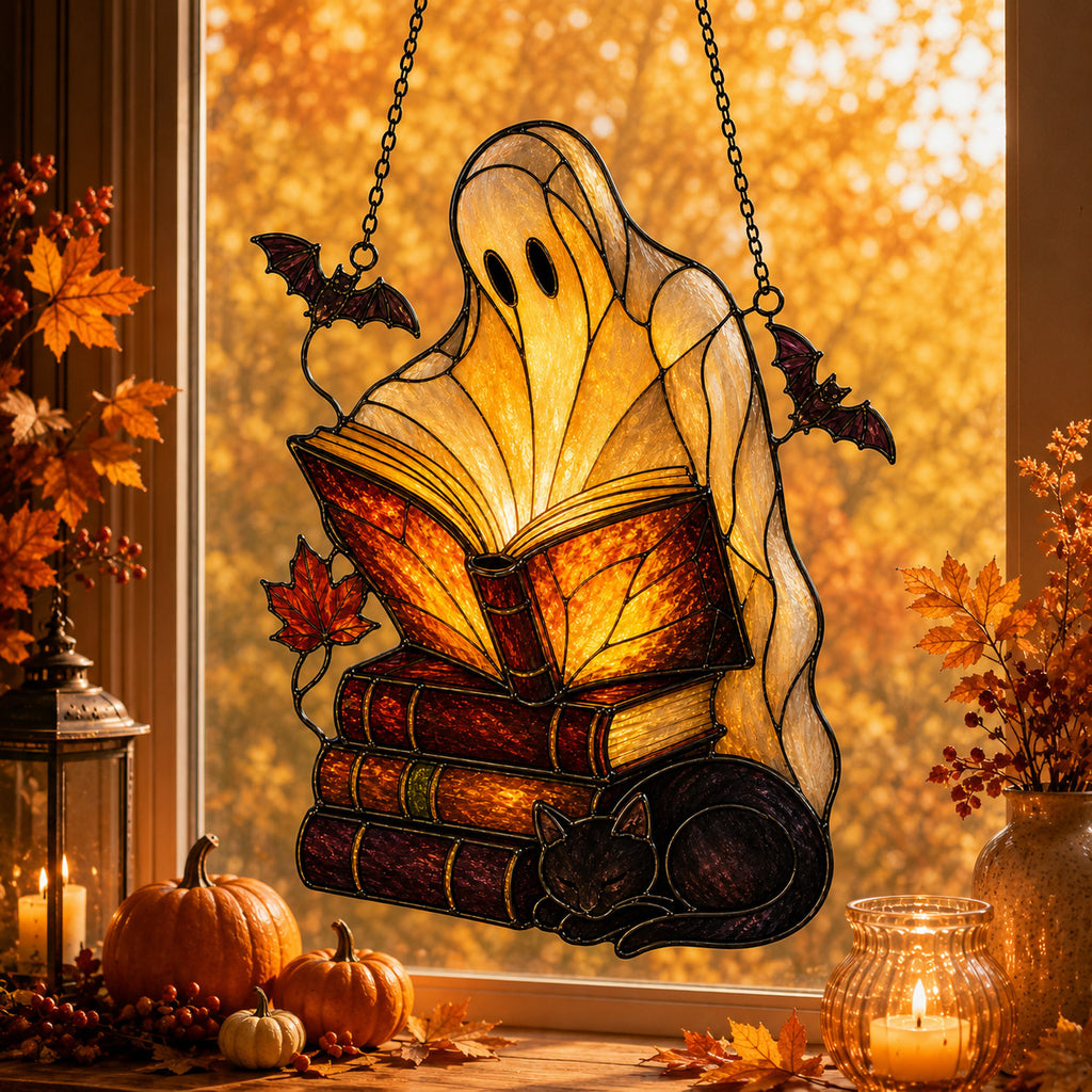 Ghost with Storybooks & Black Cat Holographic Acrylic Suncatcher