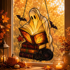 Ghost with Storybooks & Black Cat Holographic Acrylic Suncatcher