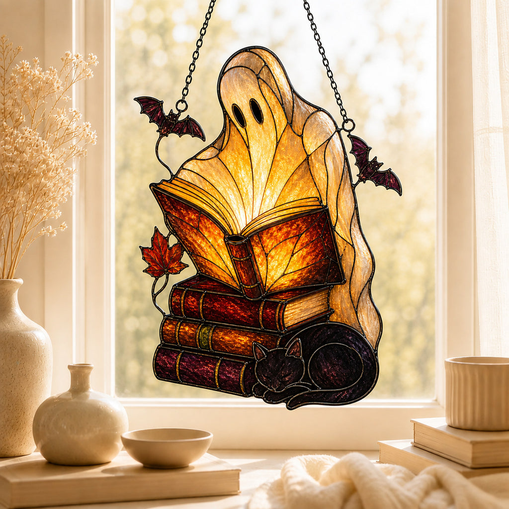 Ghost with Storybooks & Black Cat Holographic Acrylic Suncatcher