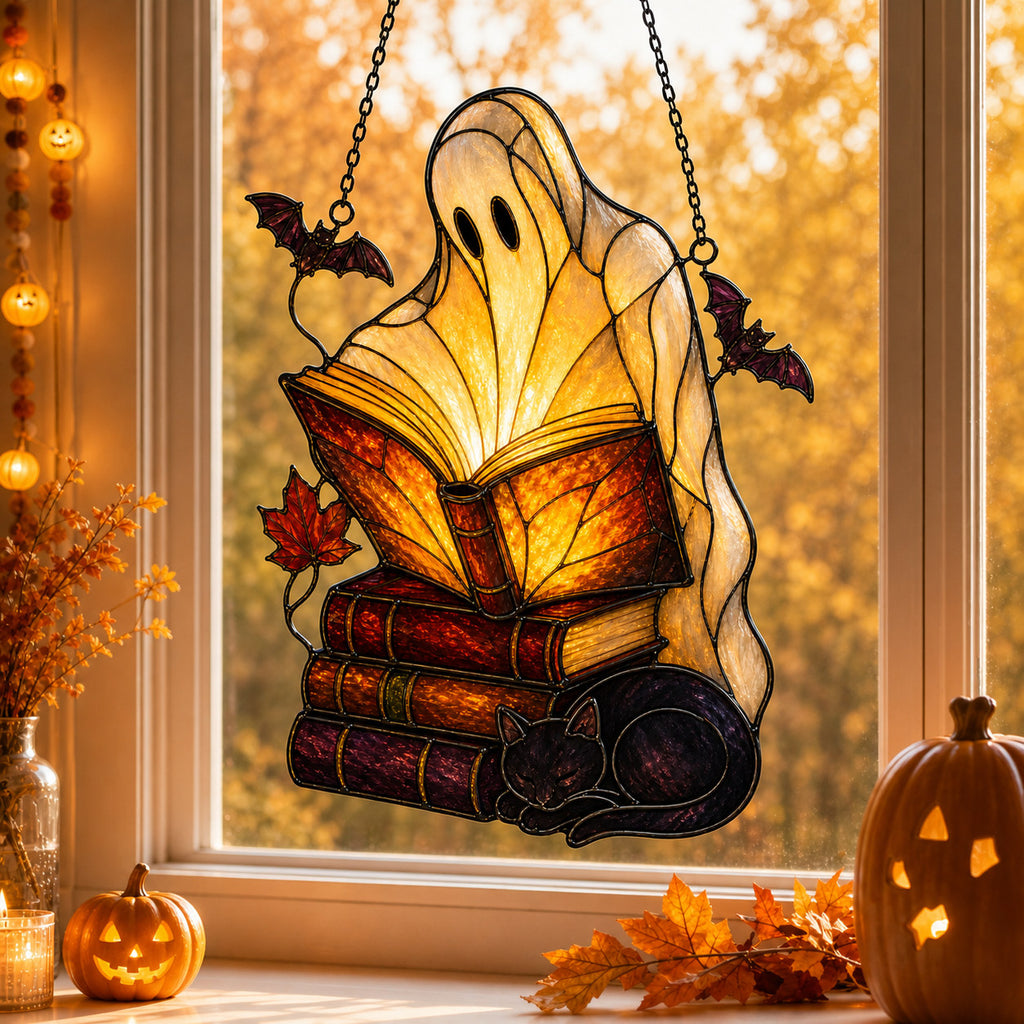 Ghost with Storybooks & Black Cat Holographic Acrylic Suncatcher