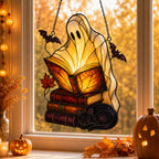 Ghost with Storybooks & Black Cat Holographic Acrylic Suncatcher