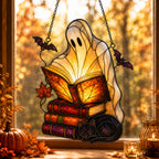 Ghost with Storybooks & Black Cat Holographic Acrylic Suncatcher