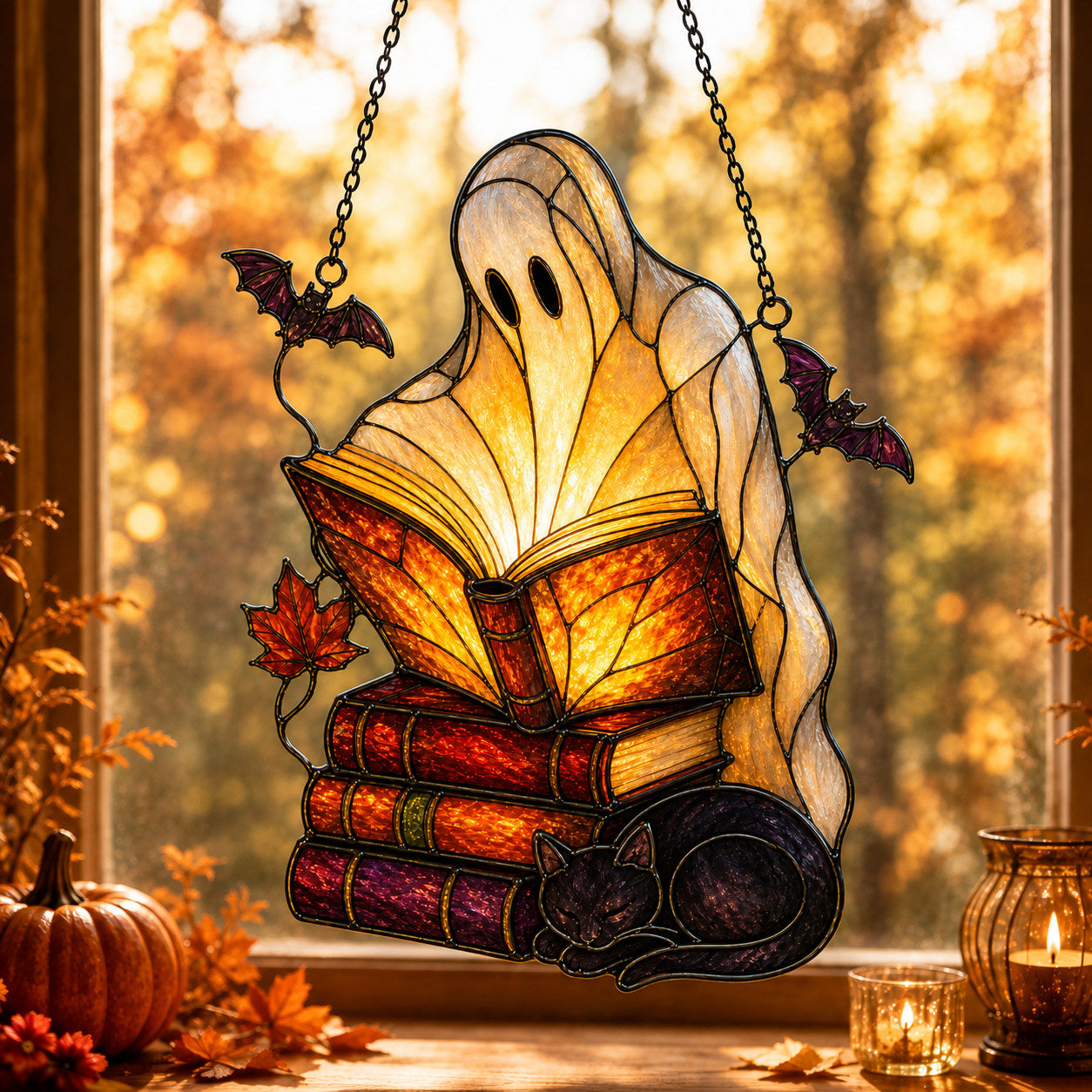 Ghost with Storybooks & Black Cat Holographic Acrylic Suncatcher