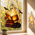 Ghost with Storybooks & Black Cat Holographic Acrylic Suncatcher